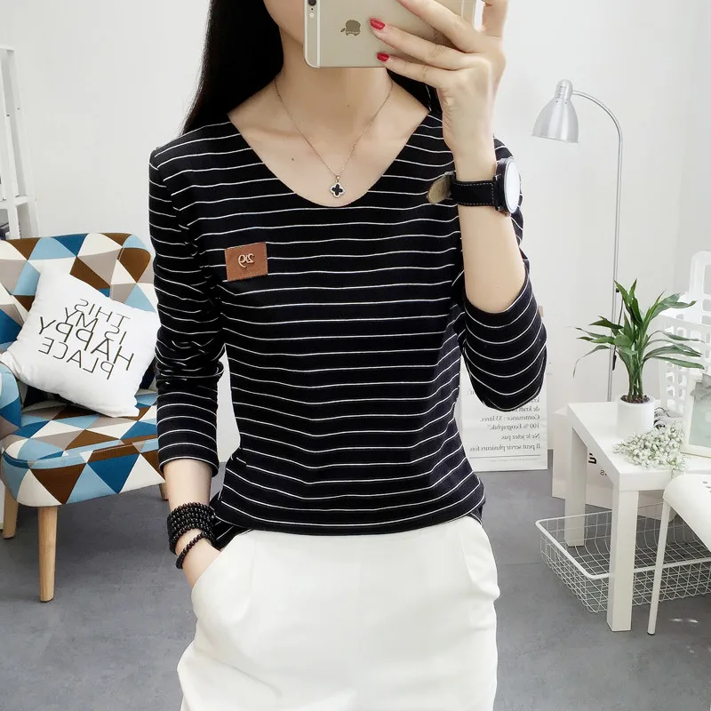 Новинка 2017 года осень Для женщин футболка с длинными рукавами Мода v-образным