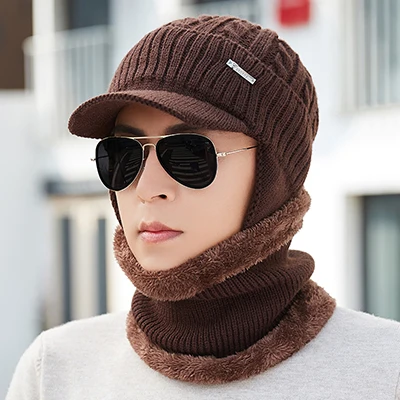 Головные уборы Skullies Beanies Для мужчин шарф вязаная шапка для мужчин больших капор теплая шерсть толстые зимние шапки для мужчин Для женщин Шапка-бини - Цвет: brown Hat Scarf