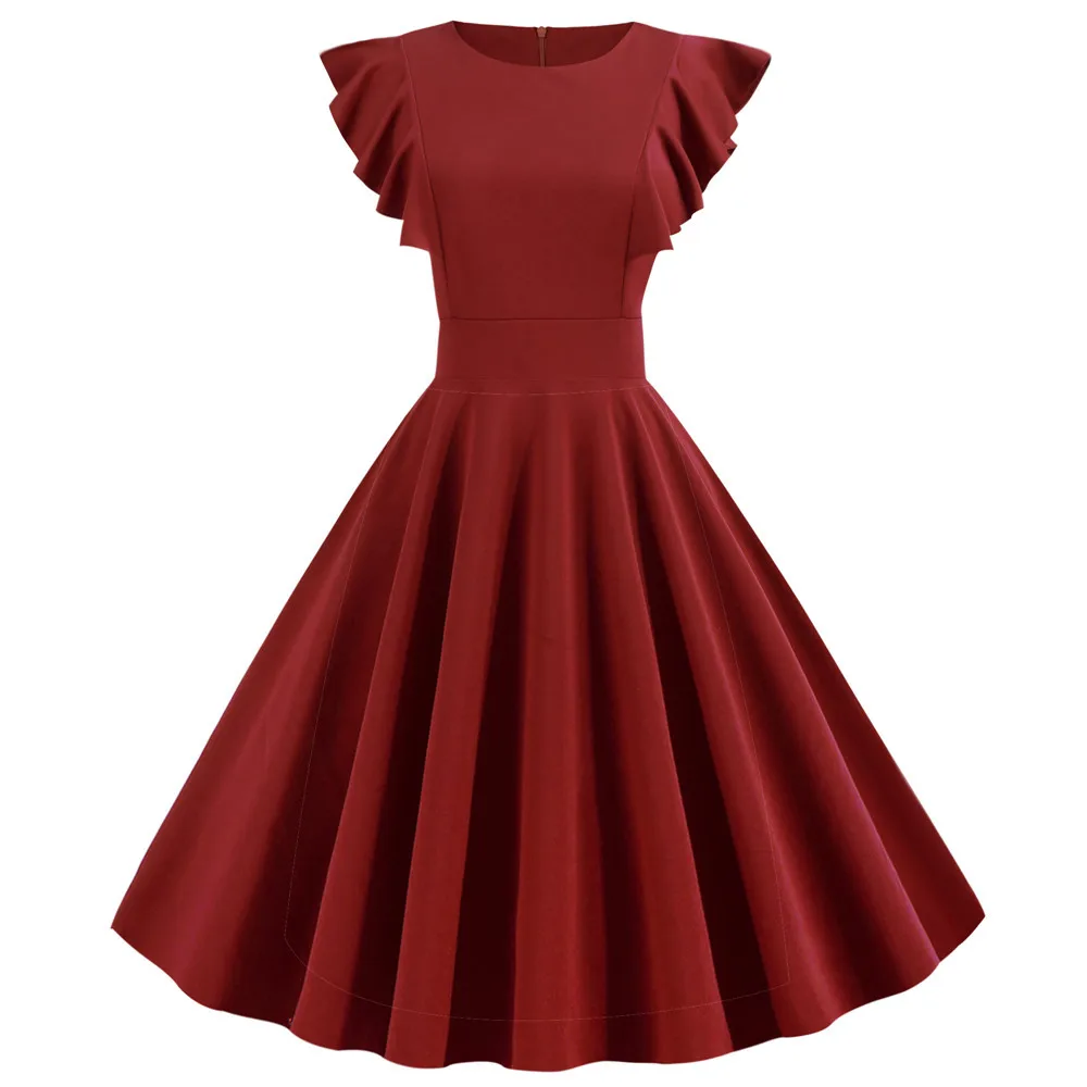 JY14135 wine red Белое платье в горошек для женщин, лето, круглый вырез, рукав-лепесток, лоскутные халаты, винтажное платье рокабилли пинап, большие качели по колено - Цвет: JY14135 wine red