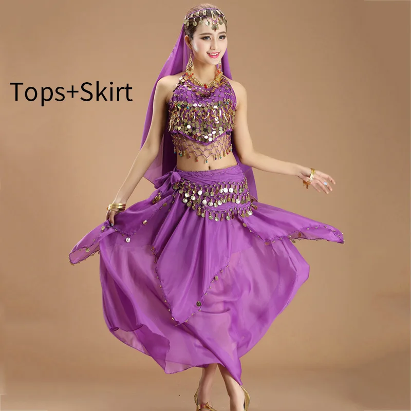 Purple 2pc Костюм для танца живота женский Восточный танец леди болливудские Танцы платье индийский танец блестки юбка для танца живота костюм для женщин - Цвет: Purple 2pc