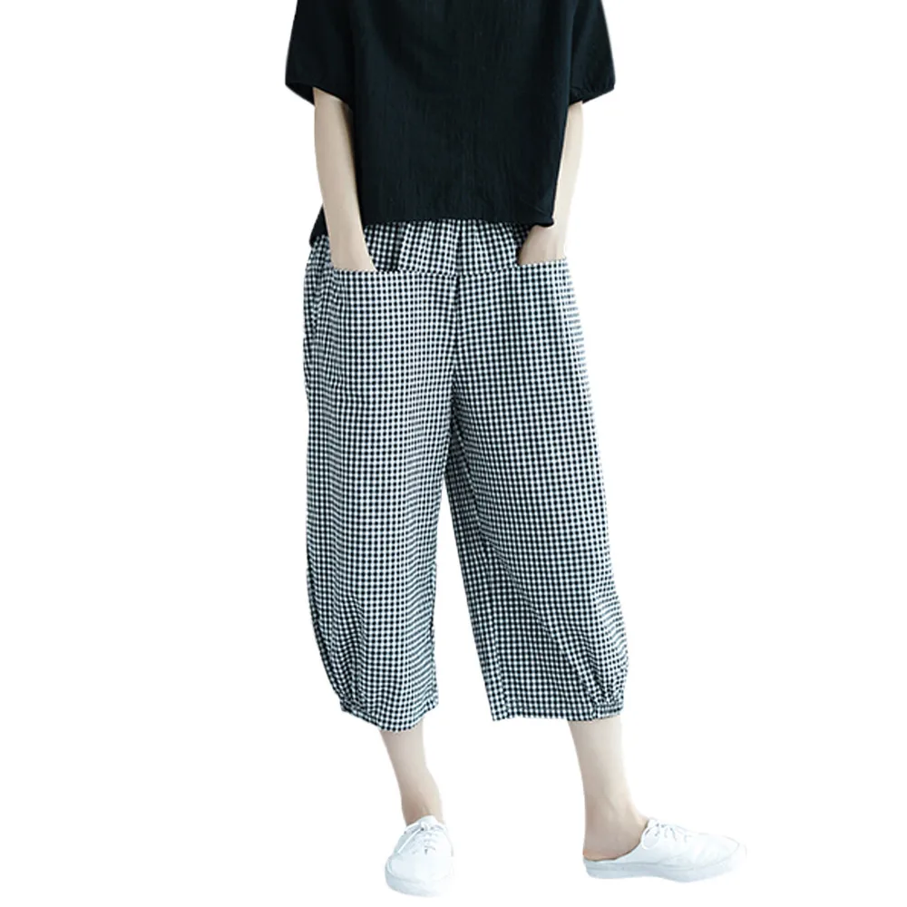 

Black Calf-Length Pants Cotton Harem Pants Girls Wave Point Loose Pants Trousers Casual Elastic Waist Cotton Streetwear