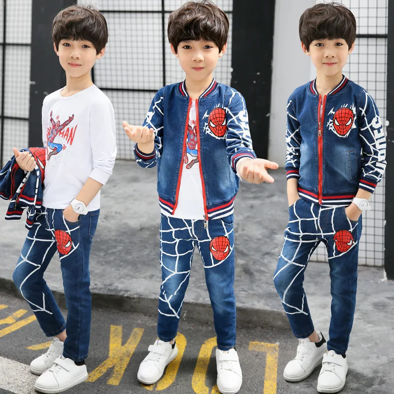 2017 Autumn Spiderman Boys Outwear Suits Spring Cartoon Boy Clothes Set Warm 3pcs Children Clothing Kids Cowboy Costumes | Детская
