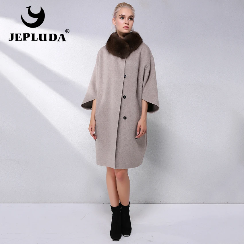 JEPLUDA Высокое Содержание 90% Кашемирового Пальто с Меховым Воротником Натуральный свободные Plus Size Шерстяное Пальто Зимние Женское Меховое Верхняя Одежда Для Женщин Зима Пальто Песец