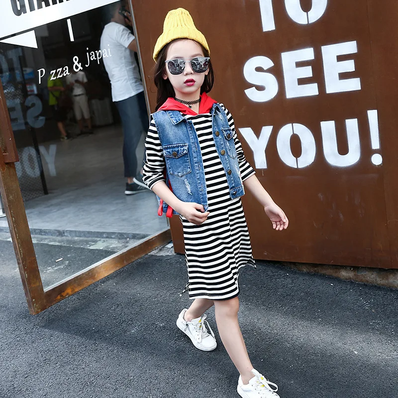 2018 новый детский осенне-весенний костюм для девочек полосатая футболка с