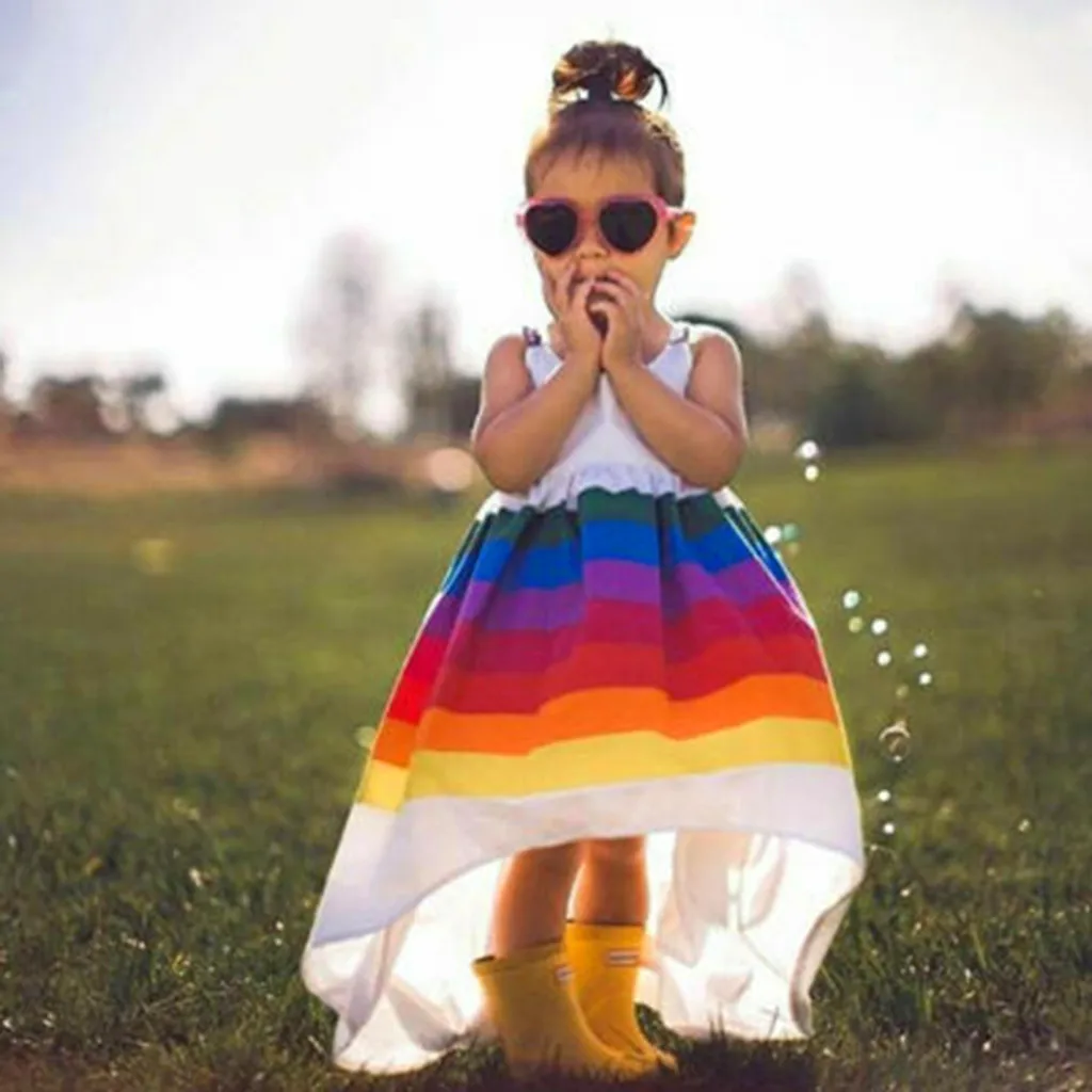 Girls Dress Kids Dresses For vestido Toddler Baby Sleeveless Rainbow Print Backless Clothes | Детская одежда и обувь