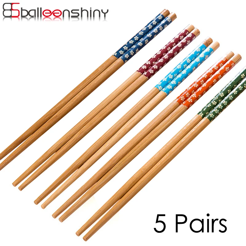 

BalleenShiny 5 pairs Bamboo Chopsticks Japanese Style Cherry Blossom Chopsticks Wood New Gift Dinning Engraved Tableware Set