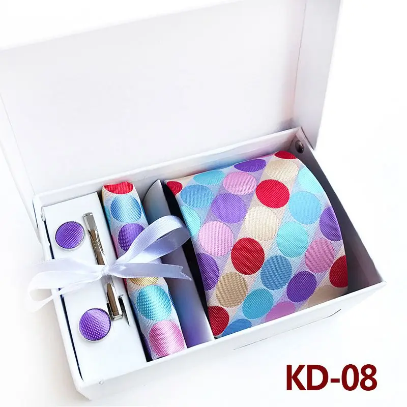 KD08 Новинка, модный галстук, набор, полиэстер, шелк, 8 см., галстуки в горошек, мужские галстуки для мужчин, галстук, платок, запонки, подарочная упаковка, KD01 - Цвет: KD08