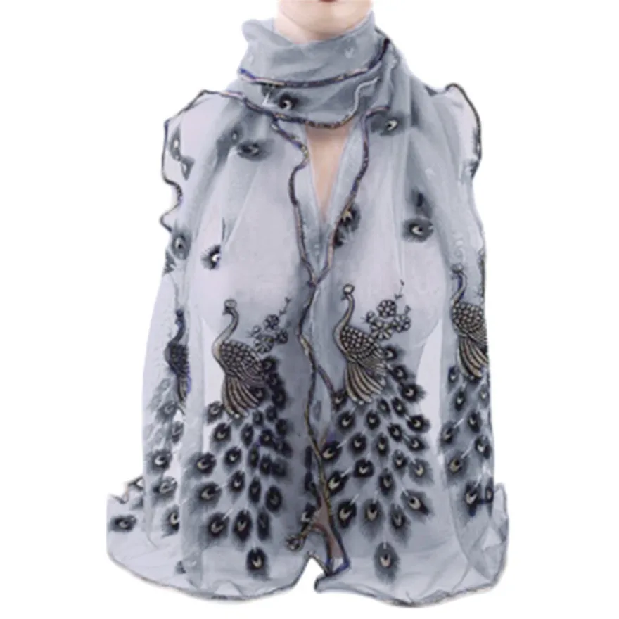 Женский жаккардовый чудесный шифоновый шарф с павлином Длинный мягкий тонкий