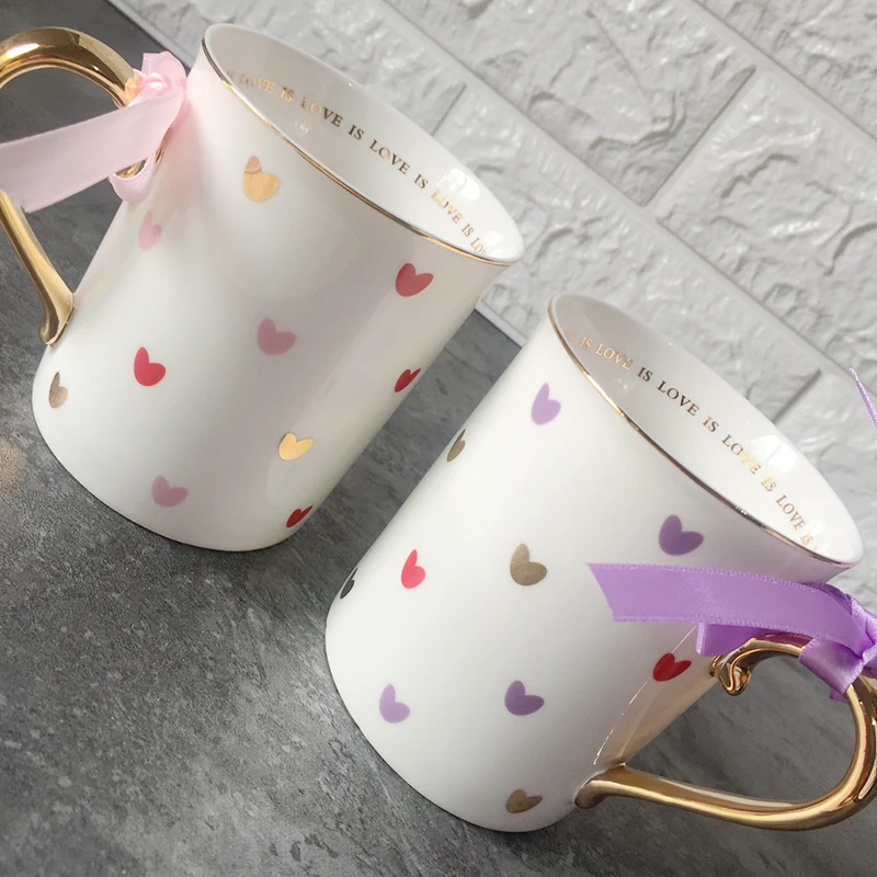 

Fashion Cute Heart Water Cup Ceramic Cup with Lid Spoon Handgrip Personality Home Office Couple Coffee Juice Milk Mugs Set