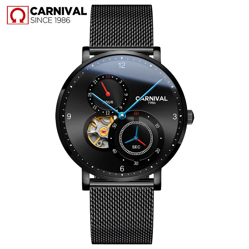 CARNIVA New Men Automatic Mesh Band Brief Ultra Thin Small Seconds Dial 24 Hours Luxury Mechanical Watch Simple Business Watches