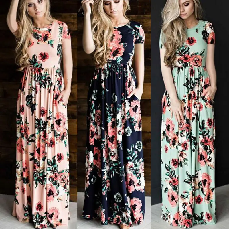 Новые женские длинные вечерние платья BOHO летние пляжные макси с цветочным