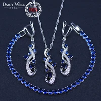 4pcs blue cubic zirconia silver color jewelry sets for women bracelets necklace pendant earrings sets pretty present