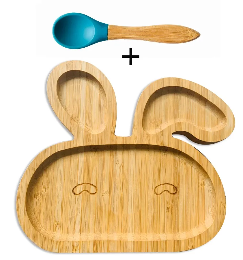 Blue Plate and Spoon Бутылочка для кормления ребенка ложка и вилка набор, расположенных бамбуковая доска с Защита от проливов, оставайтесь на месте всасывания кольцо - Цвет: Blue Plate and Spoon