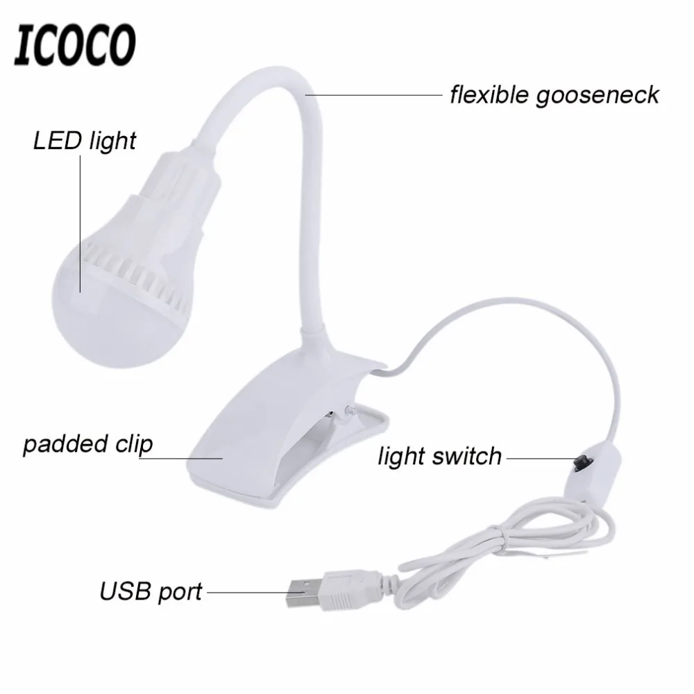 ICOCO Clip on светодиодный настольная лампа светильник USB для чтения белый Пресс