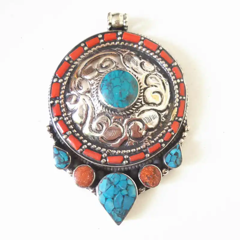 

TBP570 Tibetan Jewelry Nepal Vintage Pendant Copper Inlay Colorful Stone Pendants