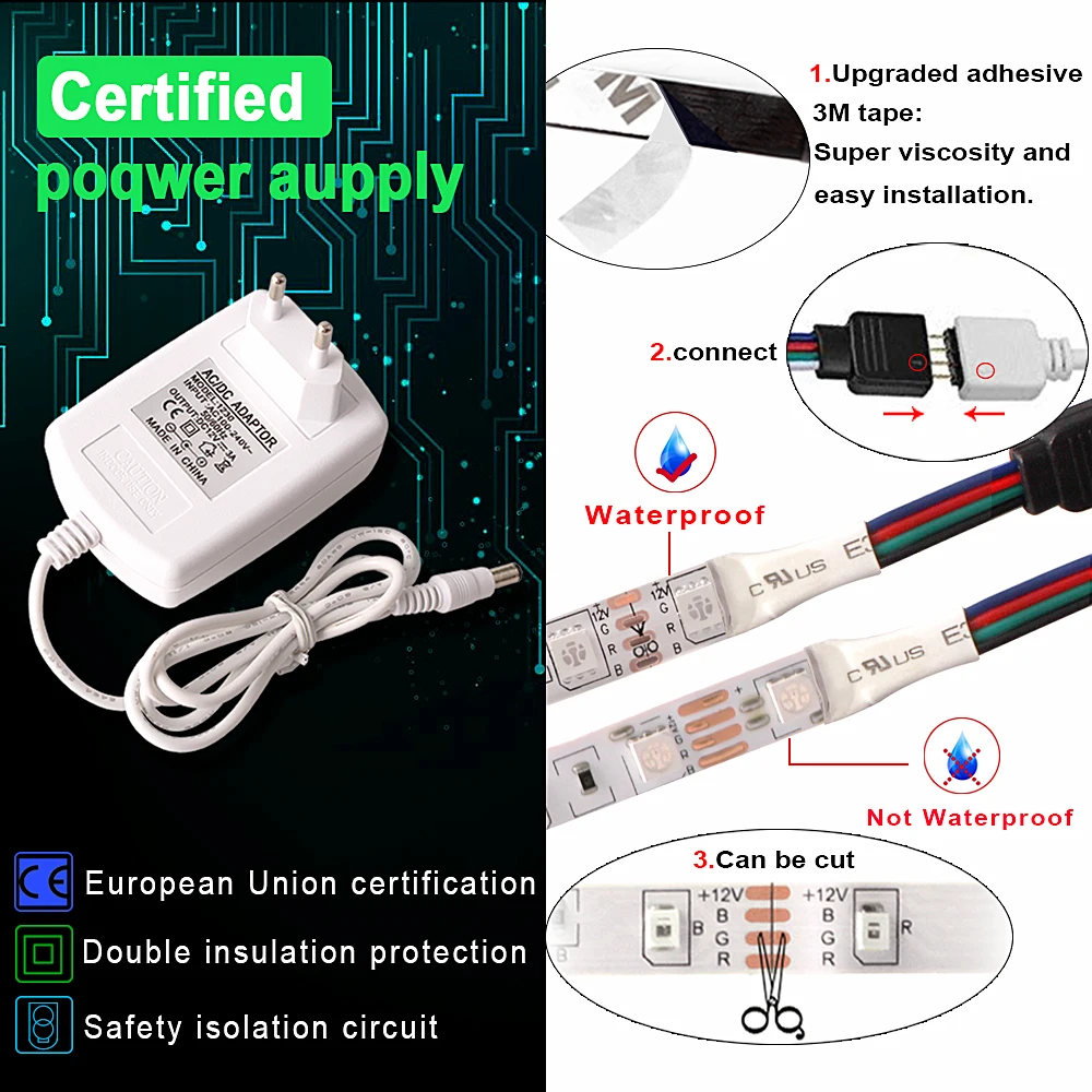 DC 12 В RGB Светодиодная лента Водонепроницаемая 220 В Tira светодиодный Wifi 12 В лента RGB лента 5050 Неоновая Гибкая лента светильник Bluetooth адаптер дистанционного питания