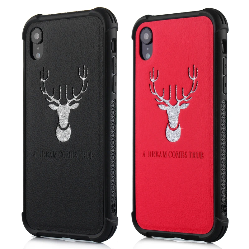 Luxury Glitter Deer Black Red shell for iPhone 6 6S 7 8 plus lucky TPU PC Leather X XS Max Four-corner Anti-fall Case XR |