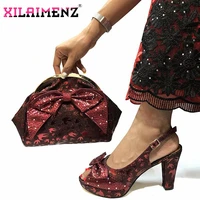 wine color new african rhinestone woman sandals and bags set italian style high heels 10 cm shoes and bag set for party
