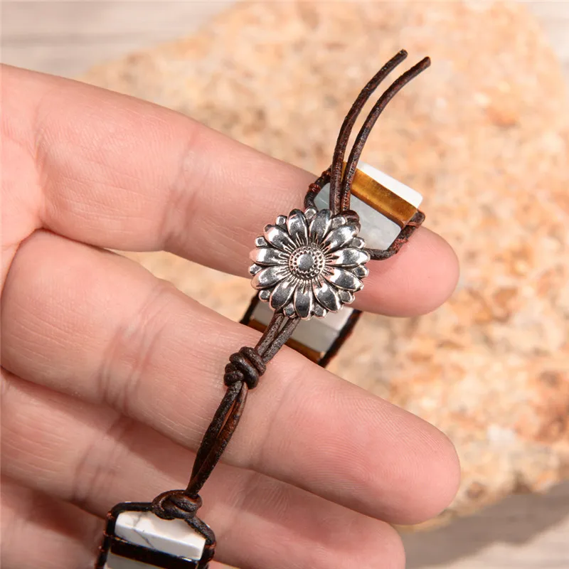 Для женщин Boho Manhand трубка Форма браслет Amazon Stone Винтаж кожа Обёрточная Бумага браслет из бисера Браслет-манжета подарок девушке; Прямая поставка