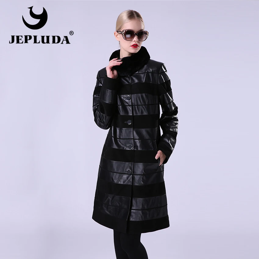 JEPLUD кожаная куртка Пальто Стоика Воротник с Рекс Кролика Съемный Женский Кожиный
