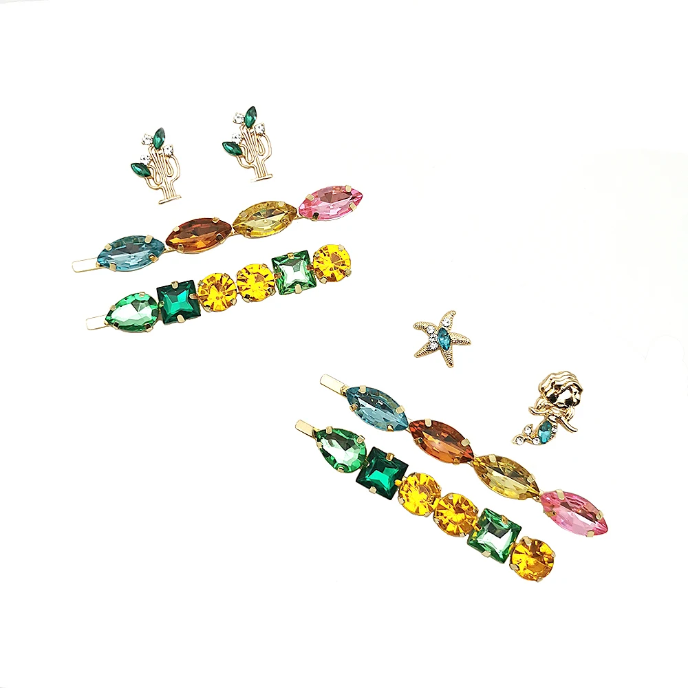 colorful rhinestones hair cilp stud earrings set mermaid starfish cactus bling high quality hairpins fashion headdress | Украшения и