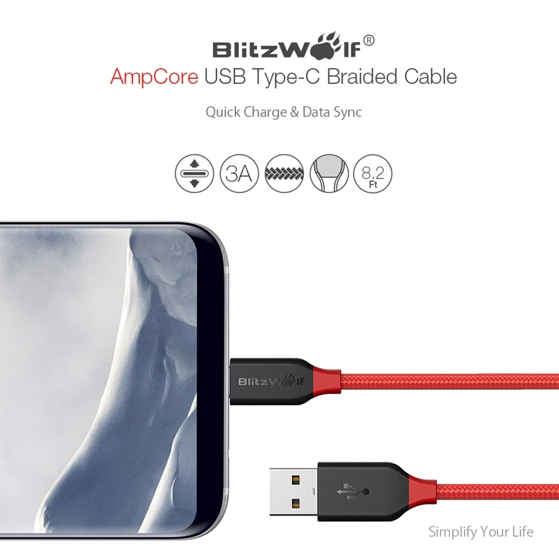 BlitzWolf usb type-C кабель 0,9 м 1,8 м мобильный смартфон кабель для быстрой зарядки зарядное устройство кабель для передачи данных для samsung/Xiaomi/HUAWEI