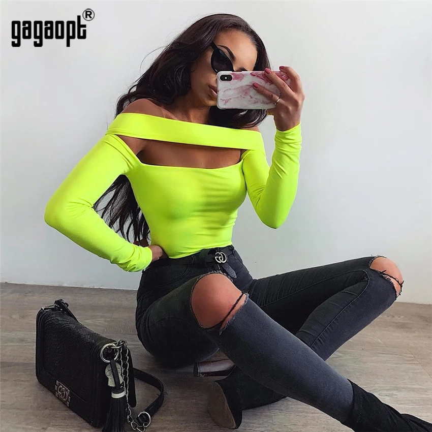 Gagaopt 2019 боди с длинным рукавом для женщин открытыми плечами сексуальные бодикон