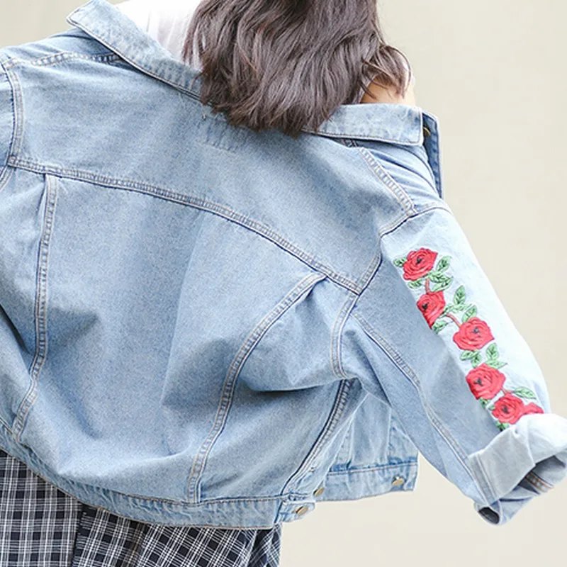 EXOTAO Rose Embroidery Denim Coat Women Autumn Washed Blue Jackets Vintage Lapel Casaco Loose Long Sleeve Abrigo Mujer Outwear | Женская