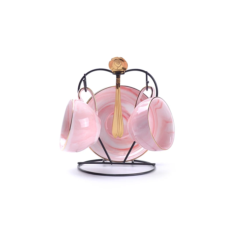 Pink 2Cups n Holder Мраморная фарфоровая чайная чашка блюдце Золотая ложка набор 100 мл керамическая кофейная чашка элегантная чайная чашка мраморная чашка эспрессо Кофейная посуда - Цвет: Pink 2Cups n Holder
