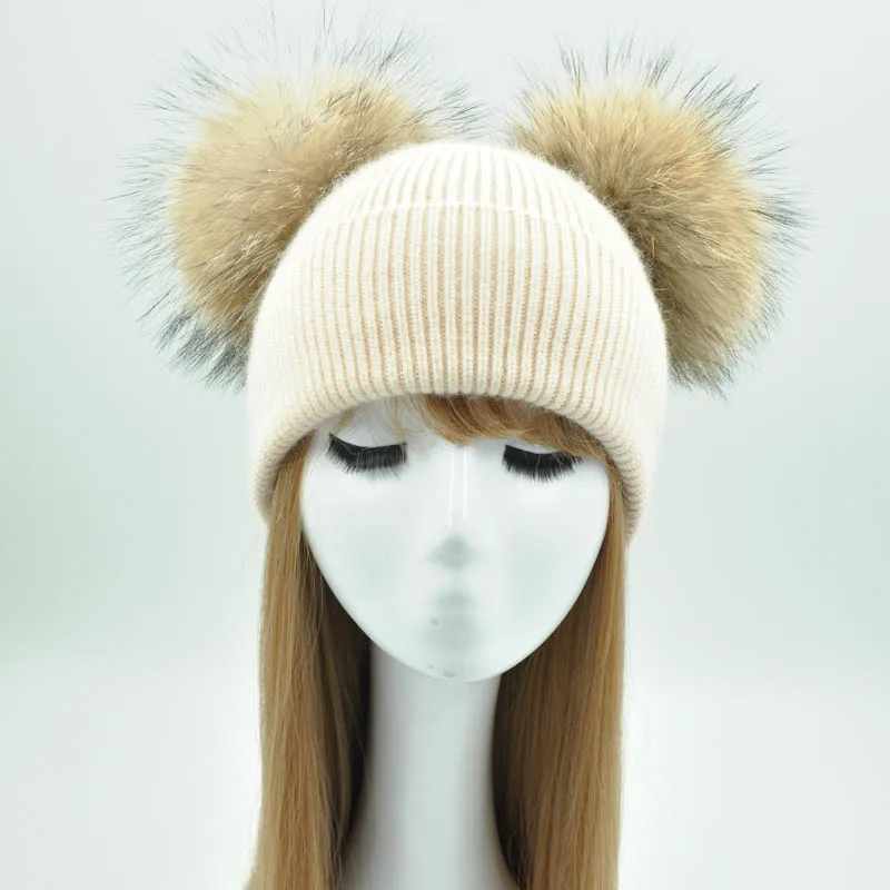 Beige natural fur Двойной помпон натуральный мех шапка Для женщин зима Кепки вязаная шерстяная шапка кашемир Кепки повязку для девочек женские осенние два Pom pom Beanie Hat - Цвет: Beige natural fur
