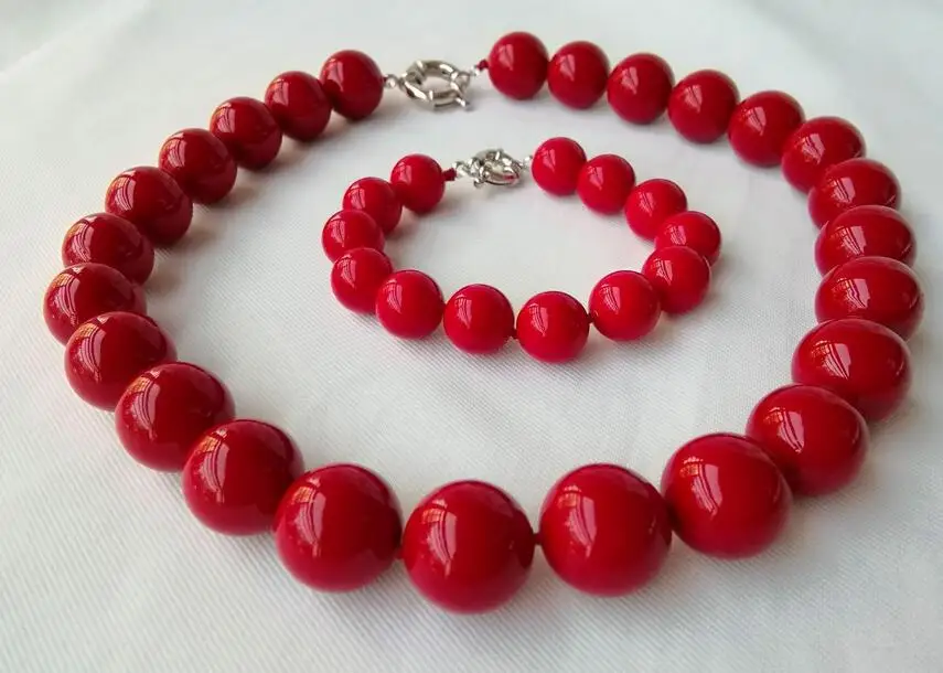 Очаровательный 16 мм Круглый красный перламутровый жемчуг ожерелье браслет набор