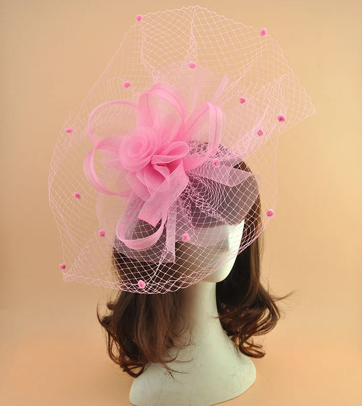 Женская винтажная шляпка с вуалью в горошек Свадебная зеленого желтого