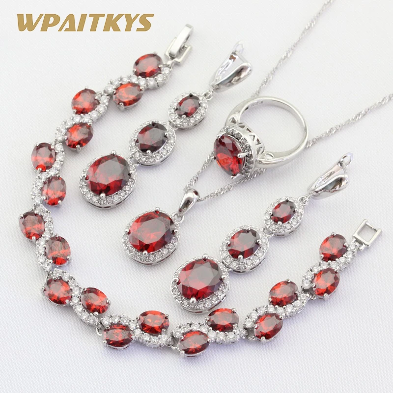 Изысканный красный кристаллический lNecklace кулон серьги кольцо браслет серебряный цвет комплекты украшений для женщин Свадьба подарочная коробка WPAITKYS