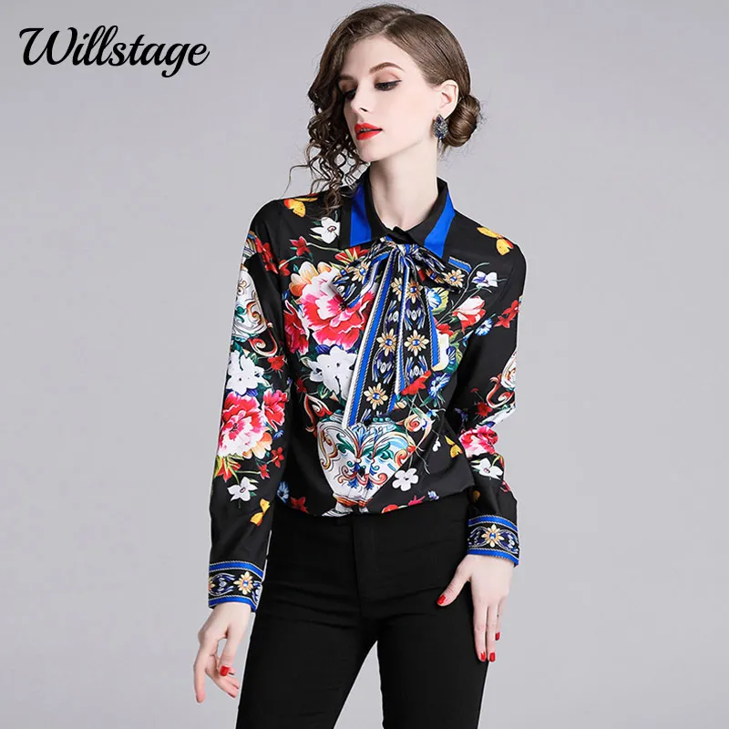 Женская офисная блузка Willstage черная Элегантная с цветочным принтом и бантом на