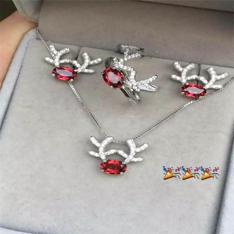 

KJJEAXCMY boutique jewels 925 sterling silver inlaid with natural deer horn garnet necklace pendant ring 2 pieces of jewelry.