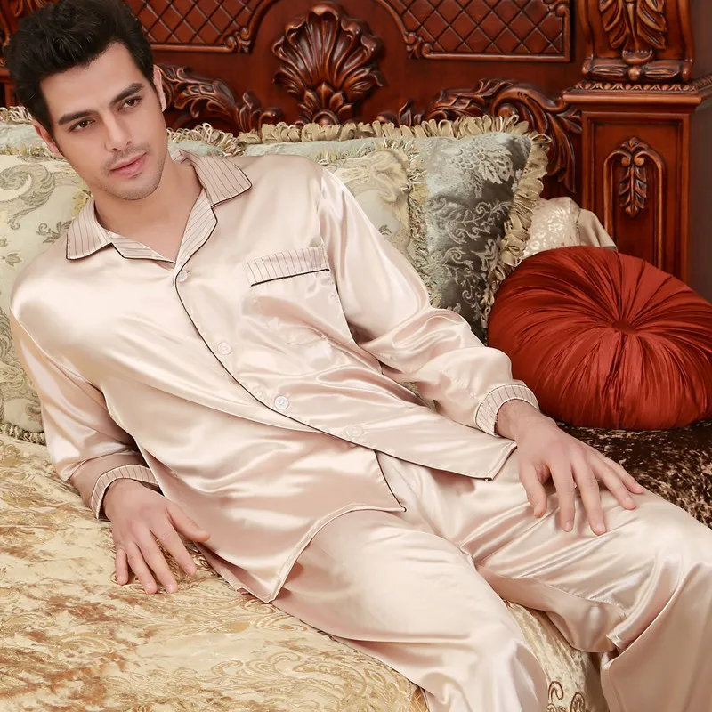 Men's and Women's New Imitation Silk Long Sleeve Pajamas Adult 2pcs Silk Nightgown Large Size Couples Sleepwear Nightwear B-5840