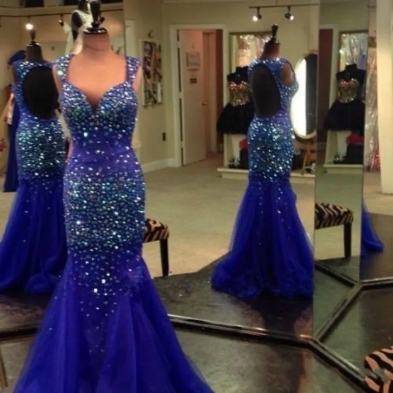 Королевский Синий Длинные Вечера Mermaid Dress Party Роскошные Хрустальные Женщины Пром