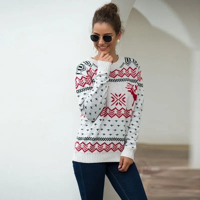 Winter Women Christmas Sweater O-Neck Animal Deer And Snow Printing Knitting Long Sleeve Casual Pullover Lady Sweaters | Женская одежда