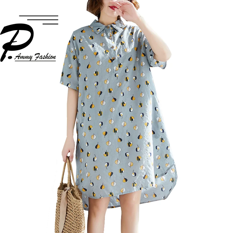 Women Casual Asymmetrical hem Cotton Linen Leaves Print Plus Size Blouse 2019 Summer Mid-Long Turn-down Collar Long Tunic shirt | Женская