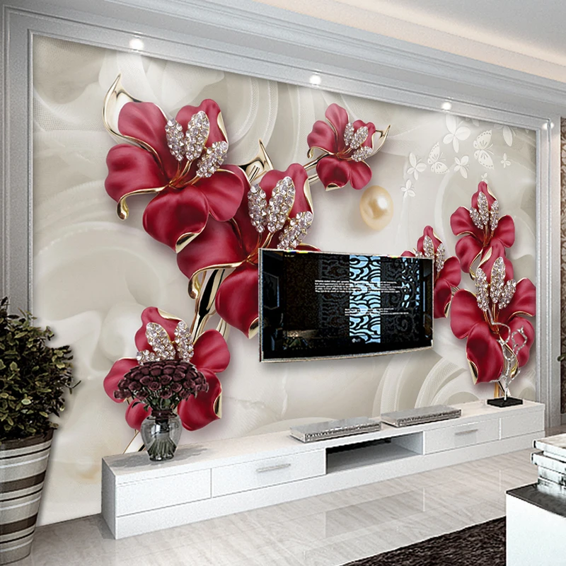 

Custom Wall Murals 3D Jewelry Flowers Living Room TV Background Self-adhesive Mural Waterproof Canvas Wall Painting Wallpaper