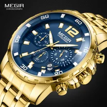 Megir Men's Gold Stainless Steel Quartz Watches Business Chronograph Analgue Wristwatch for Man Waterproof Luminous 2068GGD-2N3