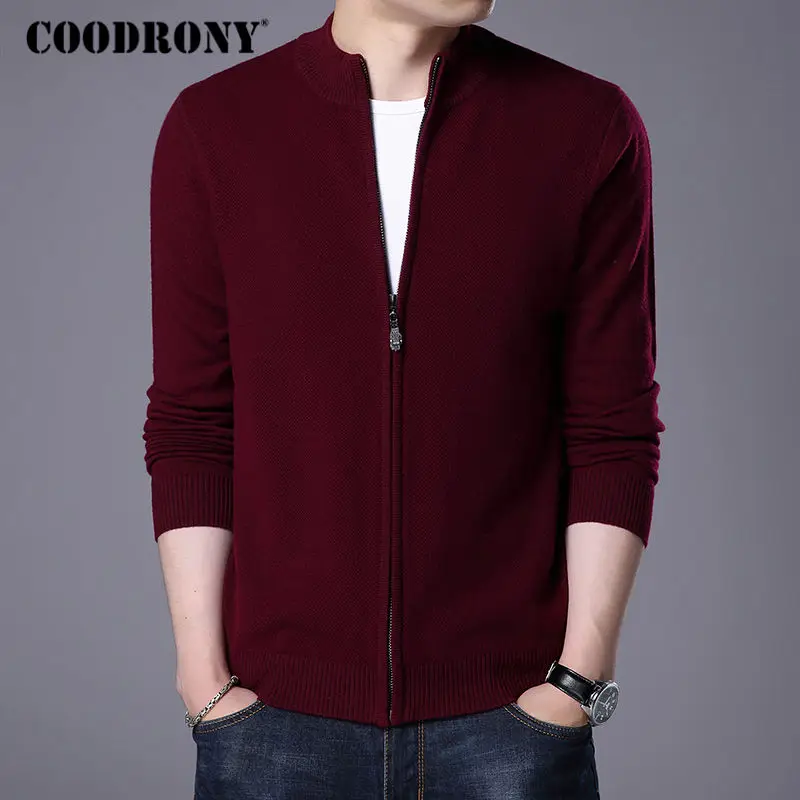 Wine COODRONY, водолазка, кардиган для мужчин, новинка, зимний толстый теплый свитер, мужской из шерсти мериноса, кардиганы на молнии, кашемировые свитера 7319 - Цвет: Wine