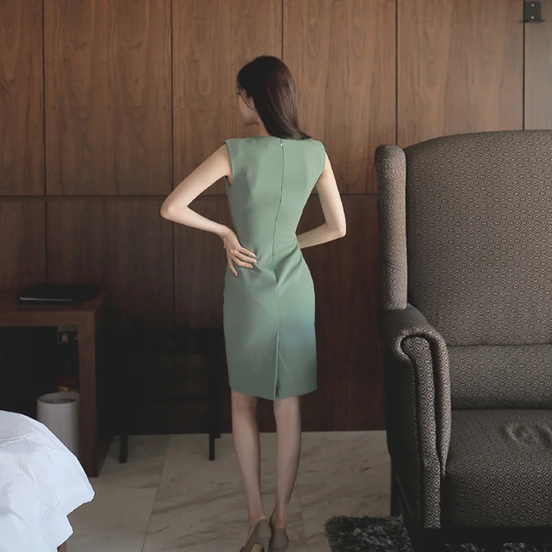 2019 летнее женское зеленое офисное платье в Корейском стиле с круглым вырезом без