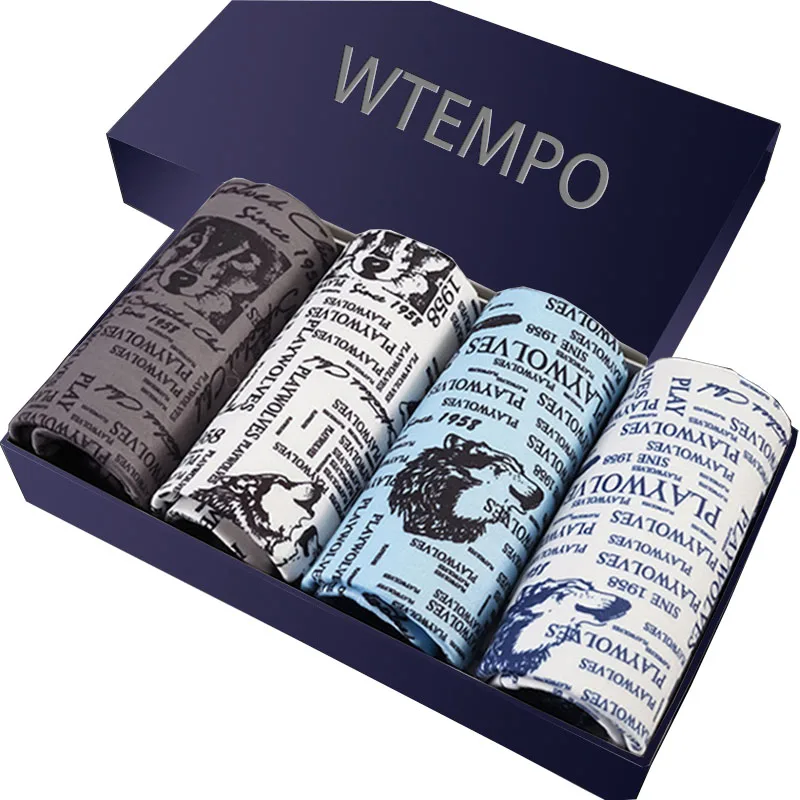Wolf Бренд WTEMPO, мужские боксеры, мужское нижнее белье, большие короткие дышащие шорты с принтом, боксеры, сексуальные стильные трусы, 4 шт./лот - Цвет: Wolf