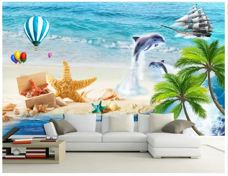 

Custom 3d wallpaper for walls 3 d wall murals wallpaper Island Coconut Mediterranean TV Sofa Background Wall mural living room
