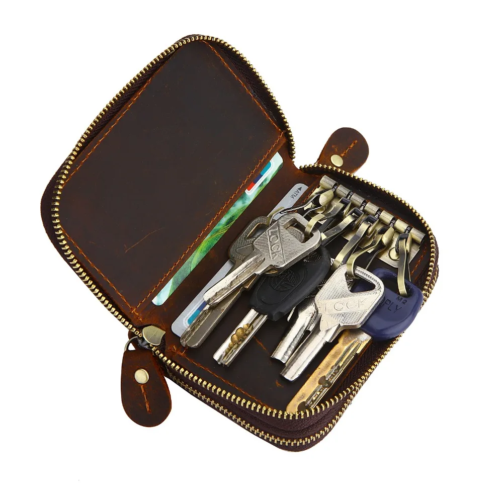 Vintage Genuine Leather Smart Key Coin Pack Metal Hook Chain Zipper Bag Car Holder | Багаж и сумки