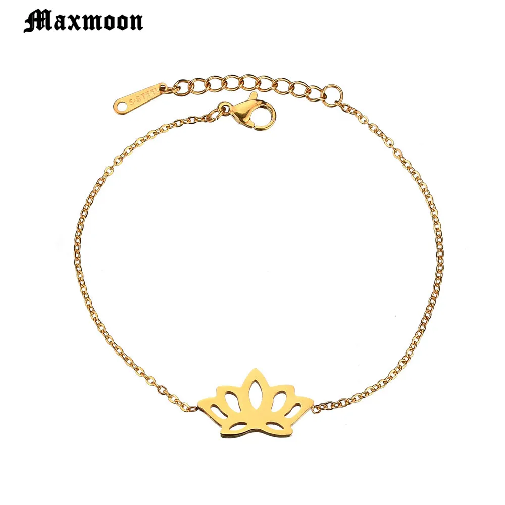 Женский браслет из нержавеющей стали Maxmoon изящный золотистый с цветком лотоса на