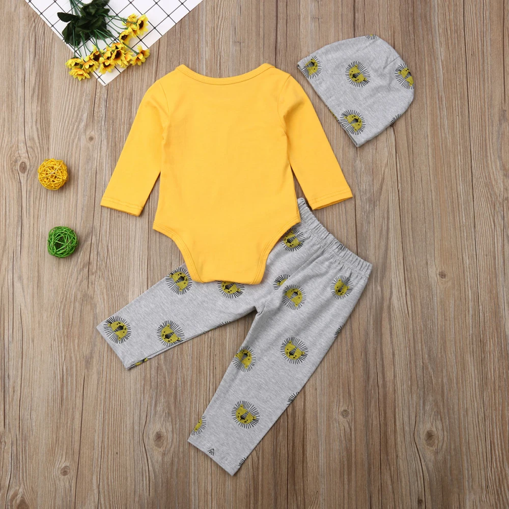 New Autumn Kids Baby Clothes Boy Lion King Print Long Sleeve Tops Romper Pants Hat 3PCS Casual Clothes Cartoon 0-3 Years