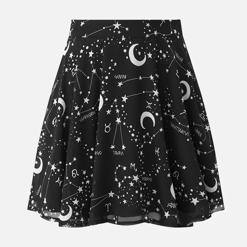 Женская плиссированная мини юбка черная с высокой талией а силуэта принтом в