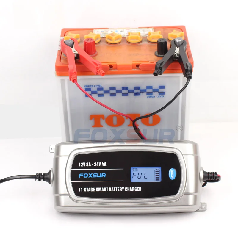 FOXSUR 12V 8A 24V 4A 11-stage смарт-зарядное устройство, автомобиль грузовик AGM EFB гель влажный зарядное устройство, свинцово-Кислотное зарядное устройство ЖК-дисплей